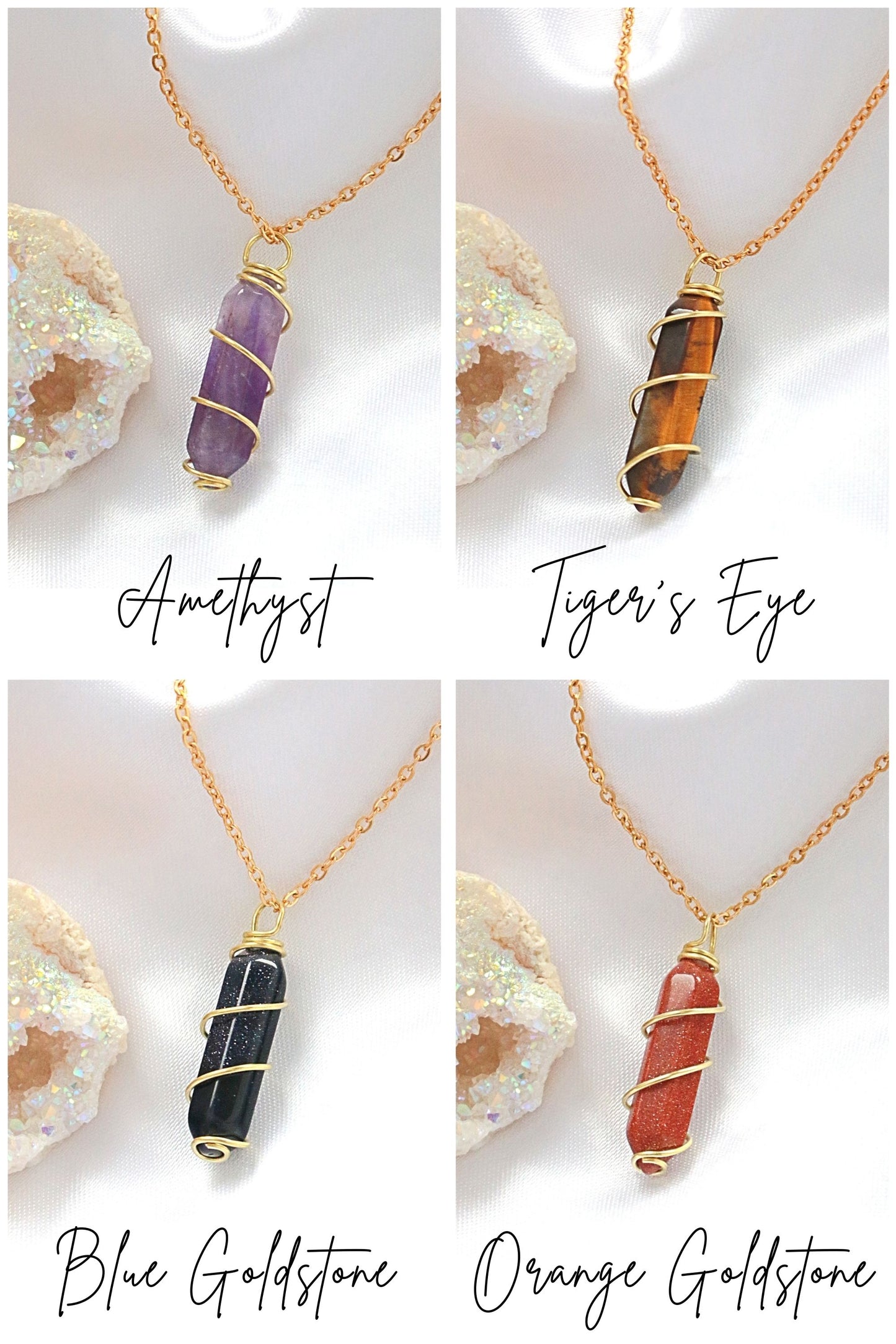 Double Ended Natural Healing Crystals With 18 k Hand Wired Necklace