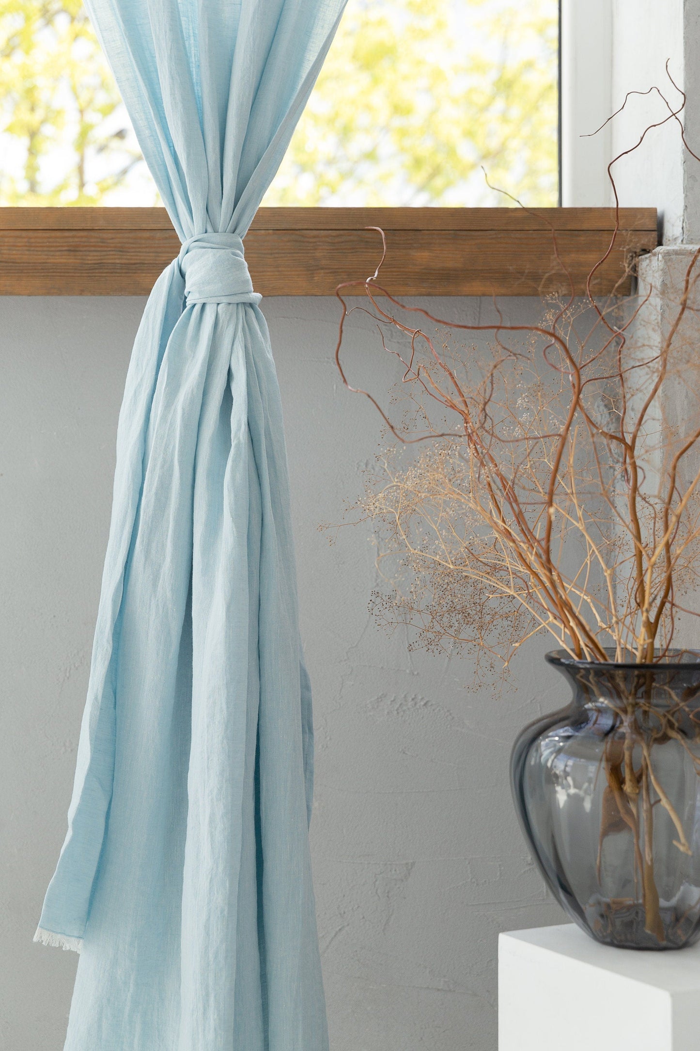 Baby Blue Linen Curtain With Pleating Tape And Crown