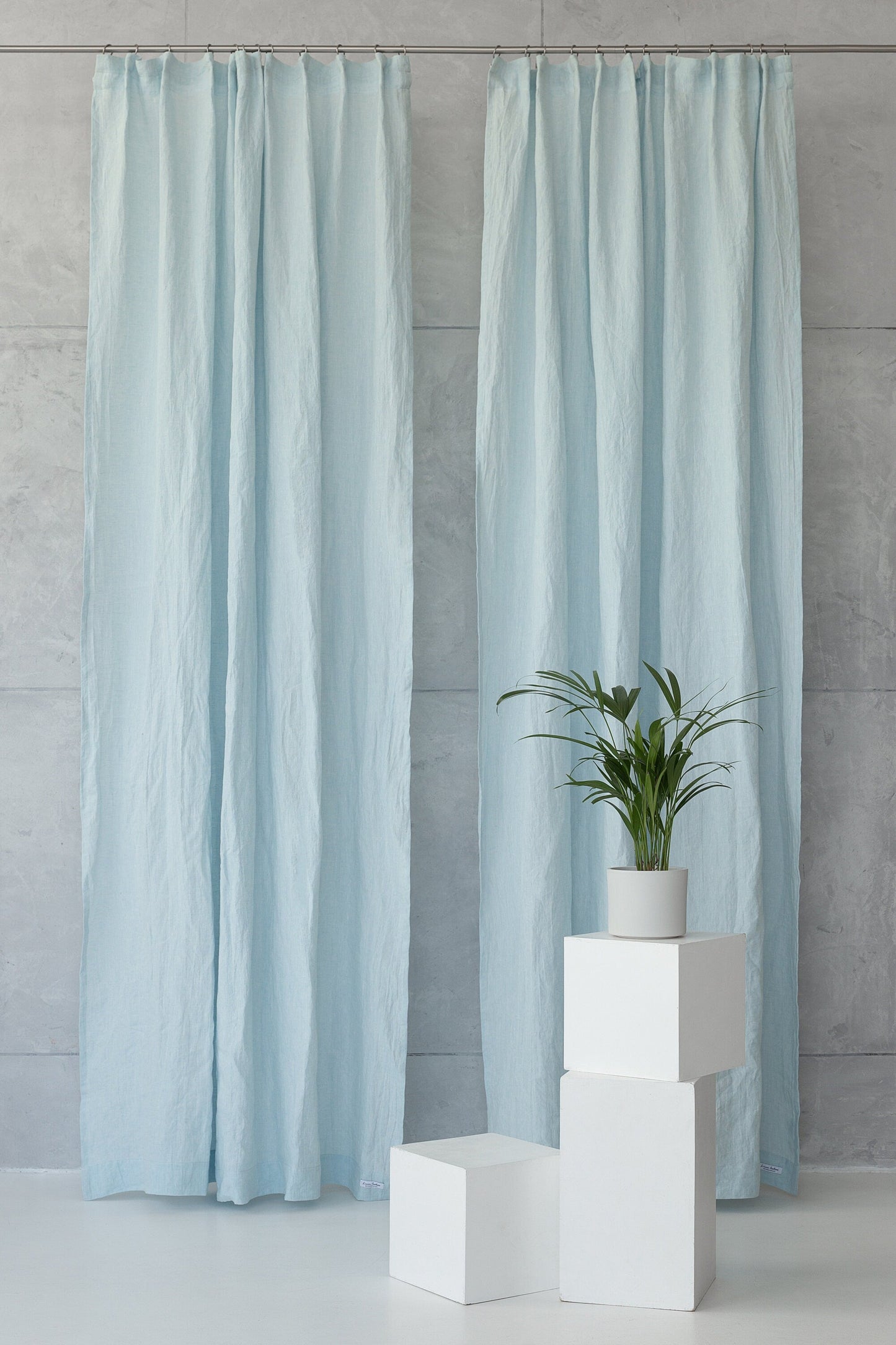 Baby Blue Linen Curtain With Pleating Tape And Crown