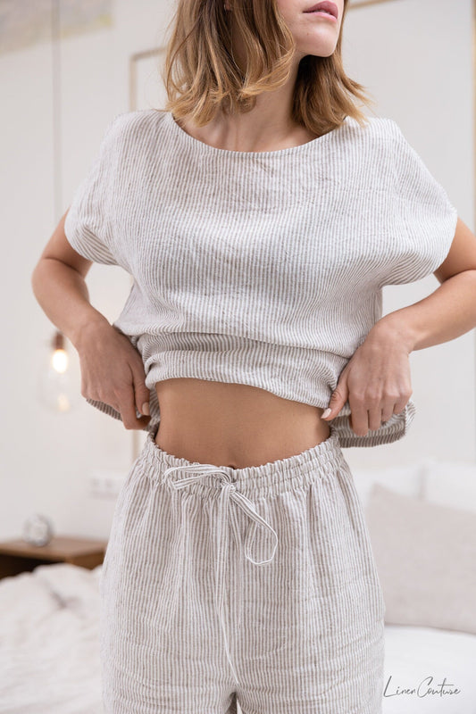 Striped Beige Linen Pajama