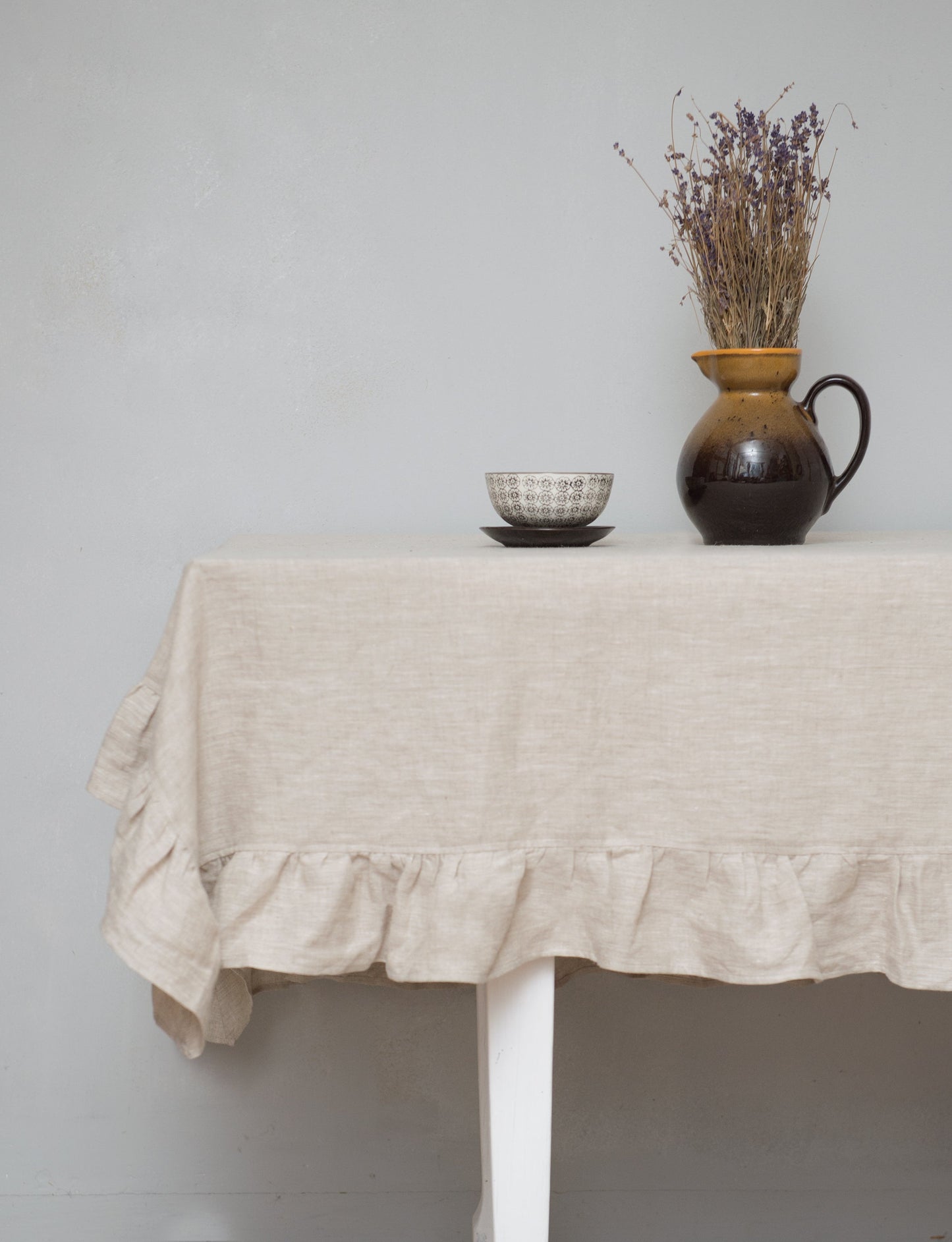 Natural Light Linen Tablecloth With Ruffles
