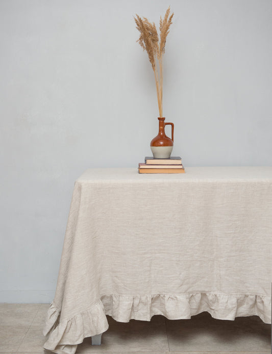 Natural Light Linen Tablecloth With Ruffles