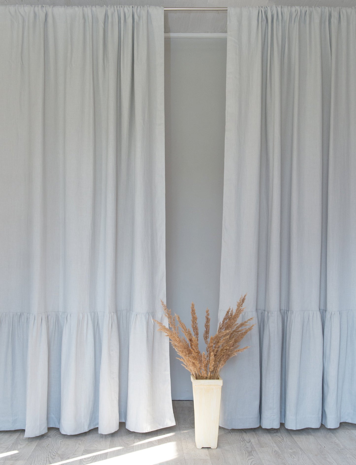 Light Grey Linen Curtain With Ruffles, Rod Pocket